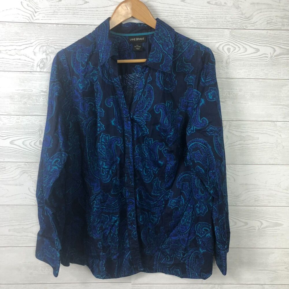 Lane Bryant Women's 22 Paisley Print Long Sleeve Button Front Shirt Cotton Blend